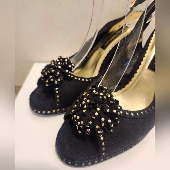 NEW Beverly Feldman Black Suede w/ Gold Studs Peep Toe Slingback Pumps sz.8 $275 - Picture 3 of 11